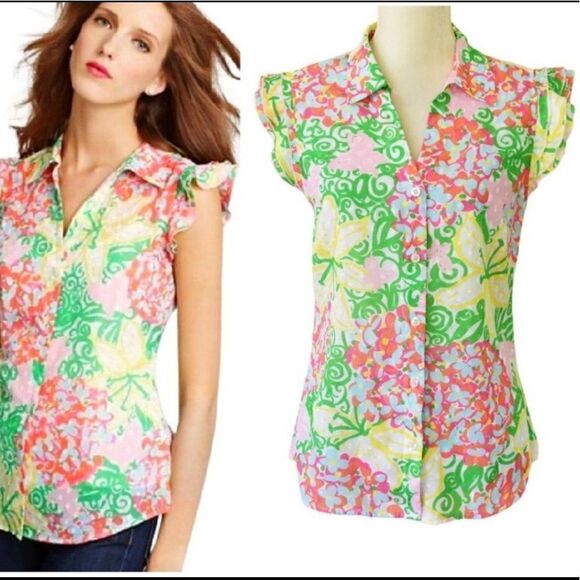 NEW LILLY PULITZER Floral Flutter Sleeve Blouse - Picture 1 of 3